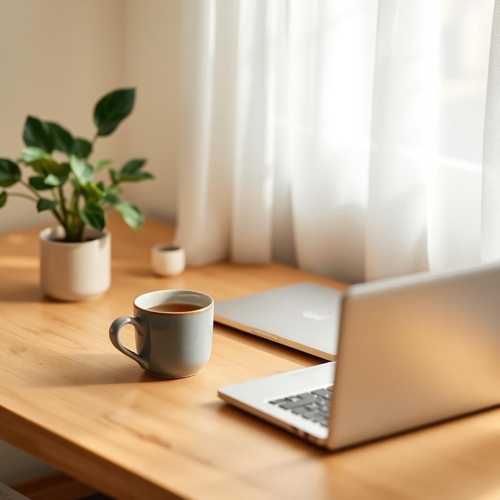 Ambiente aconchegante com notebook e xícara, sugerindo espaço acolhedor para sessão online